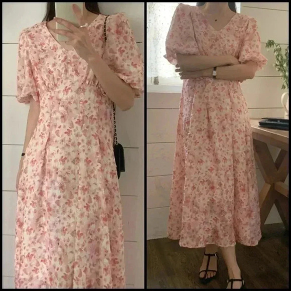 Est.1946 Floral Print Retro V-Neck Puff Sleeve Cottagecore Retro Midi Dress S - Picture 1 of 9
